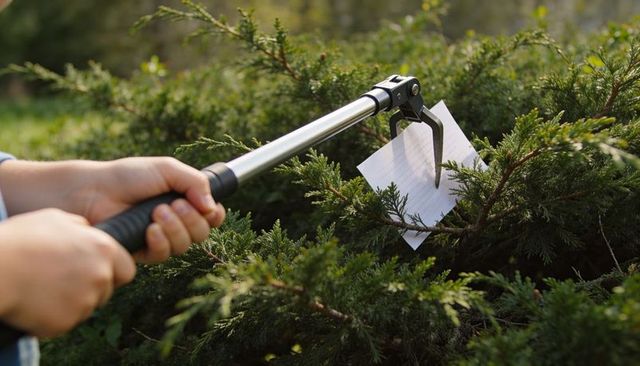 Telescopic reacher grabbing paper from evergreen shrub, hands gripping garden pickup tool
