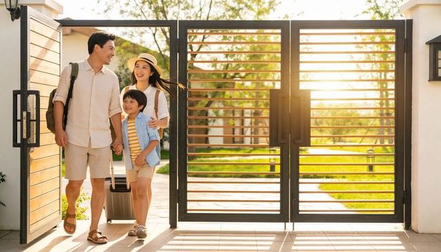 Family walking through sunlit gate pulling suitcase, parents smiling with child outdoors