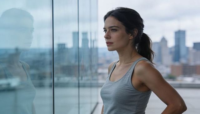 Pensive woman reflecting in glass on urban high-rise balcony overlooking cloudy city skyline