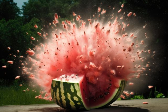 Watermelon exploding on table in garden created using generative ai technology. Explosion and fruit concept digitally generated image.