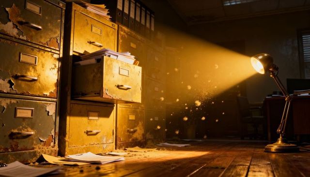 Rusting filing cabinets showing open drawer while desk lamp casting golden dust beam