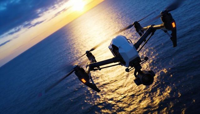 Quadcopter surveying ocean at sunset with gimbal camera and glowing amber lights
