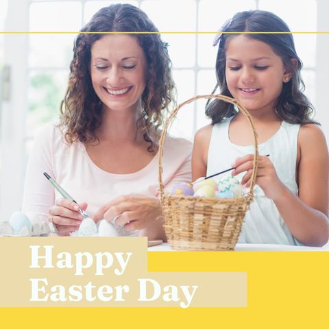 Mother and Daughter joyfully Decorating Easter Eggs