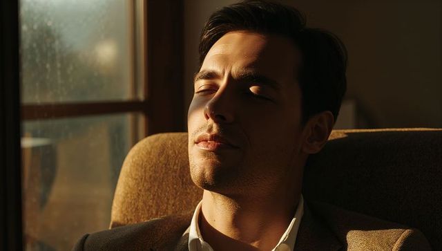 Man relaxing and soaking up golden hour sunlight in upholstered armchair