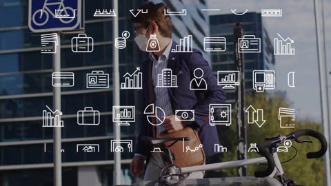 Businessman with Masks and Digital Icons Amidst Pandemic