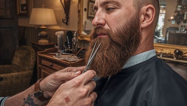 Trimming and shaping reddish-brown beard in vintage barbershop closeup grooming