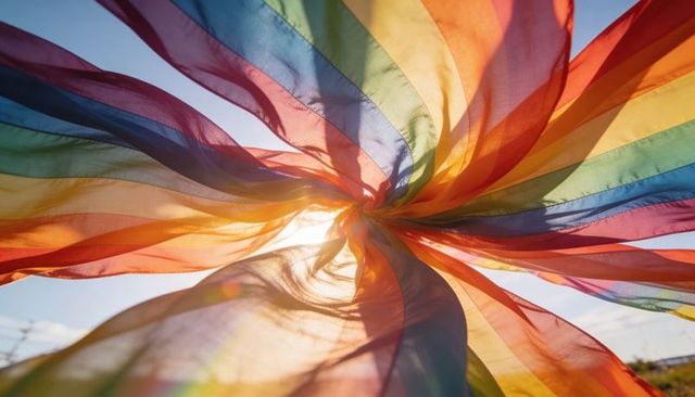 Twisting rainbow fabric catching sunflare, radiating translucent ribbons over blue sky