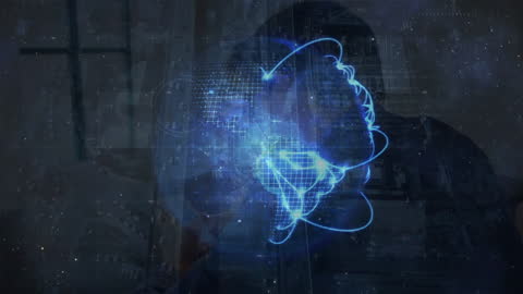 Digital Globe with Blue Light Trails Over Cityscape