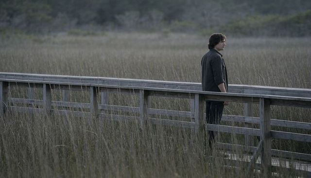 Solitary man standing on boardwalk gazing over misty coastal marsh at dusk
