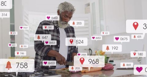 Senior Man Cooking with Social Media Notifications Overlay