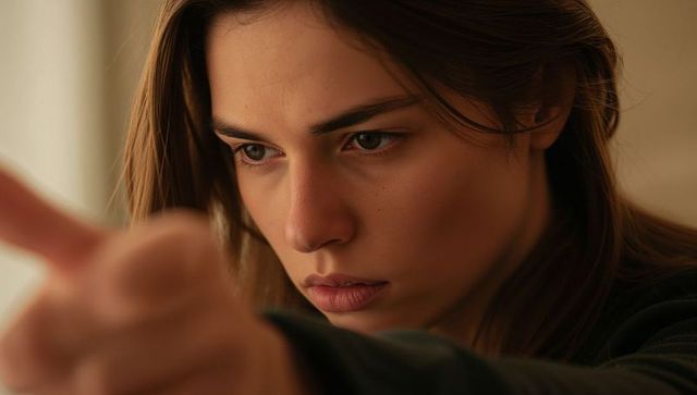 Intense closeup portrait woman reaching forward pointing finger focused gaze soft light