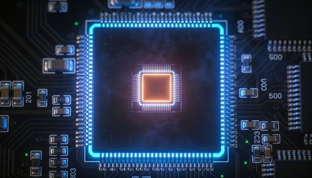 Glowing central microprocessor emitting neon-blue border and orange inner die on pcb