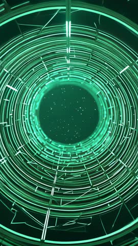 Vertical tunnel spiraling into neon green vortex with rotating rings and digital particles