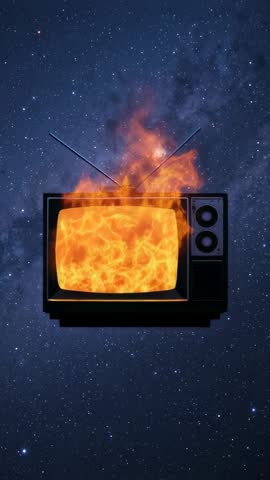 Vertical video showing vintage TV burning in space with fiery screen and rising smoke