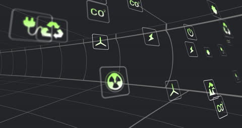 Futuristic Icons Depicting Renewable Energy Concepts in Digital Tunnel