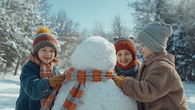 Children Building Snowman in Snowy Forest Celebration