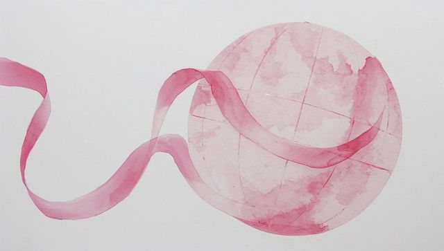 Pink watercolor globe with ribbon and copy space