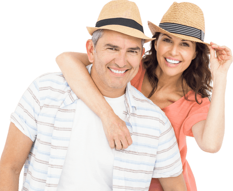 Happy Couple Wearing Straw Hats with Transparent Background