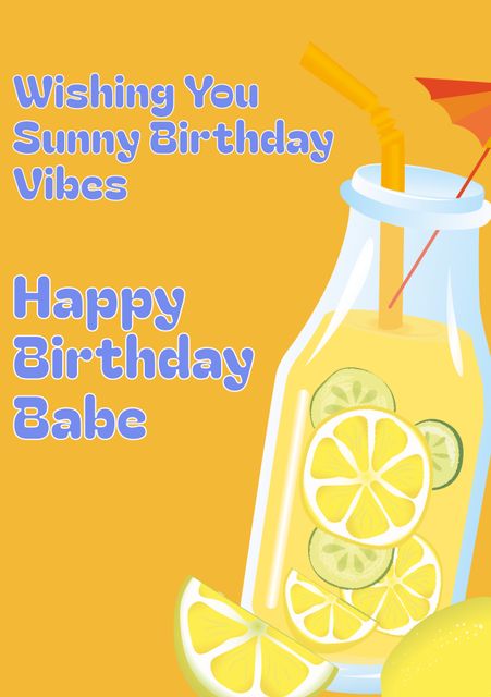 Colorful birthday greeting featuring refreshing lemonade and sunshine. Perfect for summer birthdays, themed parties, and festive occasions. Use it to send warm, cheerful birthday wishes and spread summer joy.