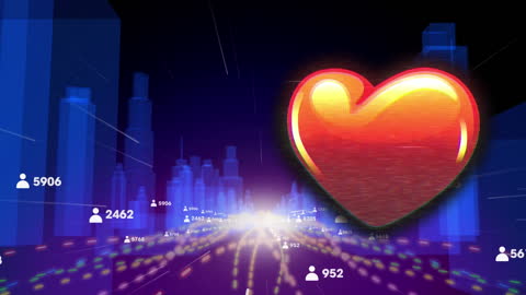 Glowing Heart Icon Over Digital Cityscape with Stats