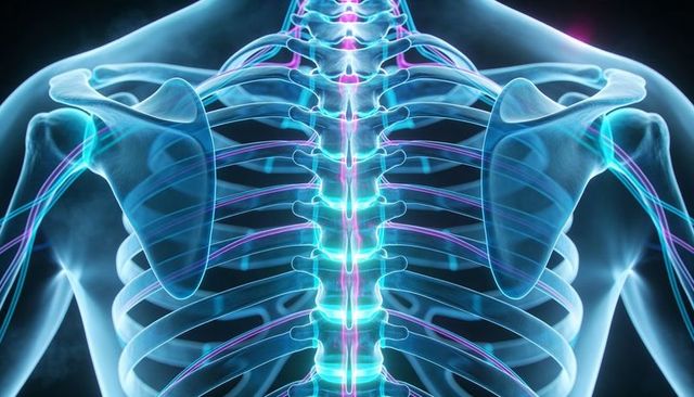 Thoracic spine and rib cage with highlighted nerve pathways in neon clinical rendering