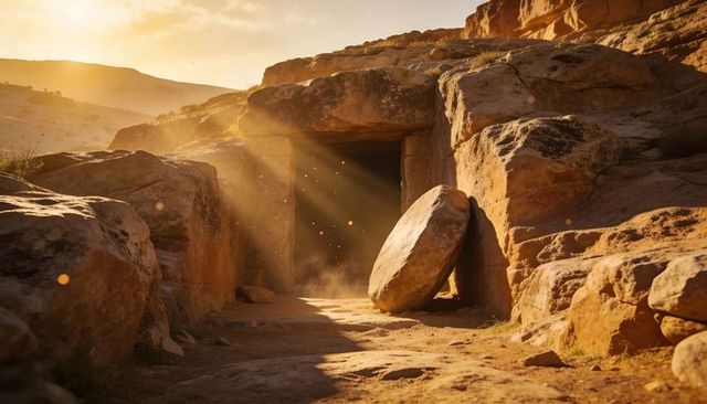 Golden sunlight streaming into ancient rock-cut tomb with rolled stone doorway