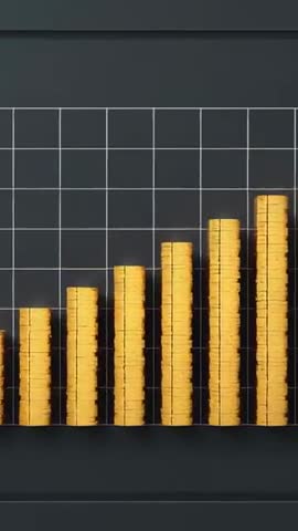 Vertical Animation Showing Gold Coin Stacks Rising on Dark Grid Chart for Finance Growth