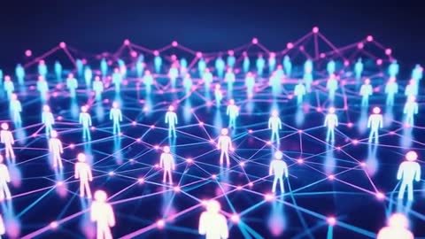 Futuristic Network of Neon Avatars on Digital Grid