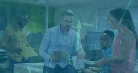 Business Team Analyzing Financial Data with Chart Overlay in Modern Office