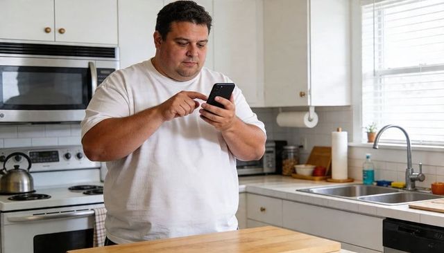 Plus-size man checking smartphone at bright kitchen island, holding phone, lifestyle