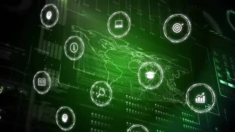 Futuristic Digital World Map Interface with Globe and Data Icons