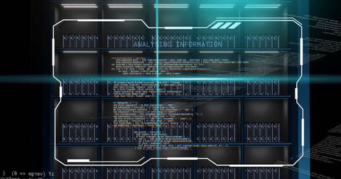 Server rack array projecting futuristic hud with code overlay and neon scanlines
