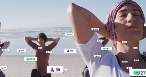 Women Practicing Yoga on Beach with Overlay of Social Media Data