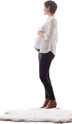 Transparent side view of pregnant woman standing on rug holding belly
