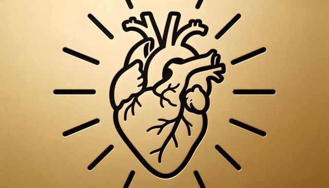Anatomical heart line art on metallic gold with radiant black rays for luxury branding