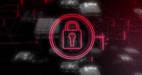 Neon Pink Padlock Securing Virtual Network with Glowing Circuit Nodes and Dotted LEDs