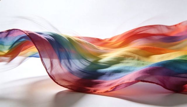 Flowing translucent rainbow silk scarf creating soft waves and layered color gradients