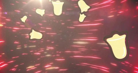 Floating yellow bells drifting over red pink light streaks glowing abstract background