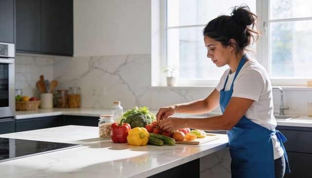 Home cook preparing fresh vegetables on marble island in bright modern kitchen