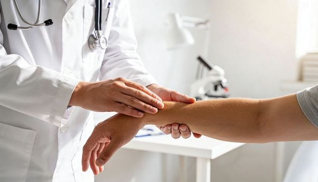 Clinician palpating patient wrist during routine examination in bright medical clinic