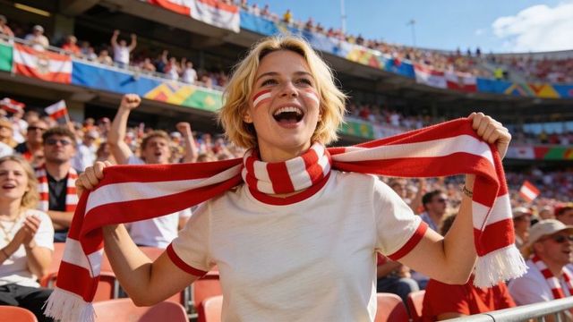 Young woman cheering, waving red white scarf, face paint, celebrating with fans in stadium
