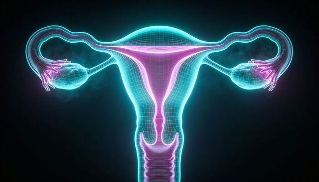 Neon holographic uterus and ovaries wireframe anatomy 3d medical hologram glowing mesh