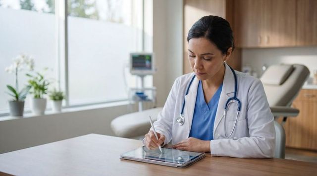 Doctor reviewing digital patient records on tablet in modern clinic exam room using stylus