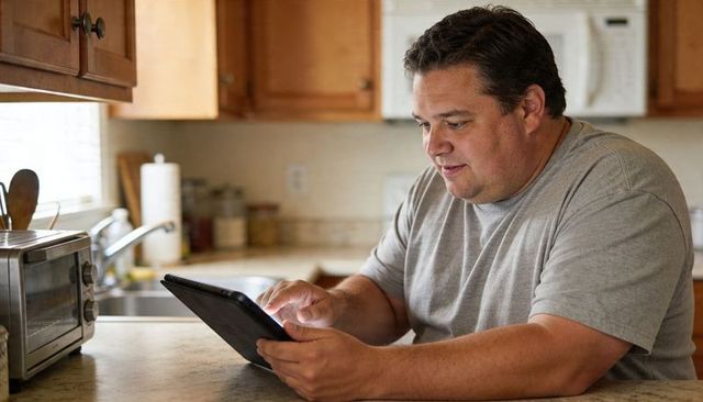 Middle-aged man using tablet at kitchen counter scrolling touchscreen, casual home lifestyle