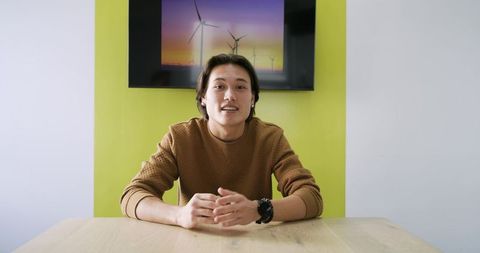 Business Professional in Green Meeting Room Discussing Tech Innovations