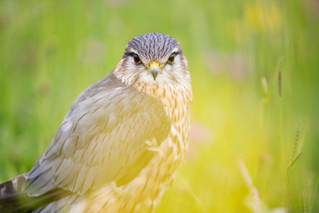 This close-up captures a Merlin falcon attentively posing in its natural habitat. With detailed focus on feathers and penetrating gaze, this image is ideal for wildlife magazines, educational content about birds of prey, environmental conservation materials, or birdwatching blogs.