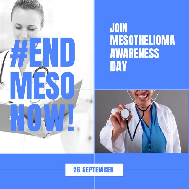 Image promoting Mesothelioma Awareness Day on 26 September featuring happy Caucasian doctors. This can be used in medical campaigns, health advocacy events, hospital promotions, and mesothelioma awareness initiatives to encourage community involvement.