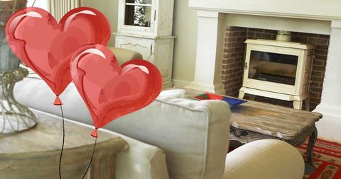 Heart Balloons Hover in Warm Cozy Living Room Ambiance