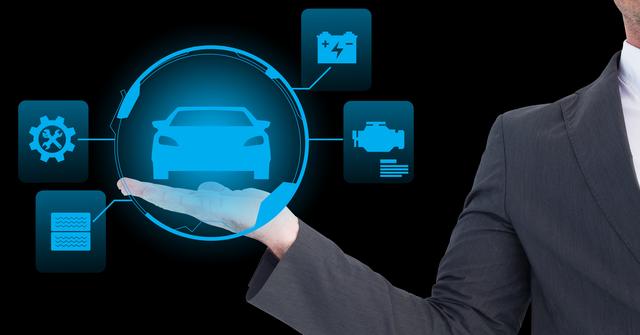 Digital composition of businessman pretending to hold car icons against black background