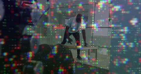 Athletic Man in Fitness Studio Amid Vibrant Pixel Lights